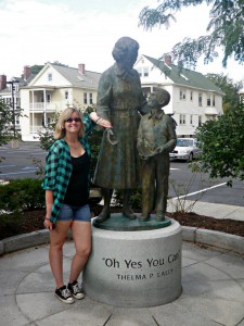 Brittany with the Thelma P. Lally statue on The College of Saint Rose campus. (photo provided by Brittany Duquette)