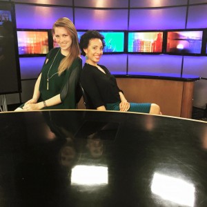 One of my coworkers and I on set during one of our media tours.