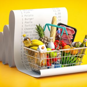 Shopping basket with foods on receipt. Grocery expenses budget, inflation and consumerism concept. 3d illustration